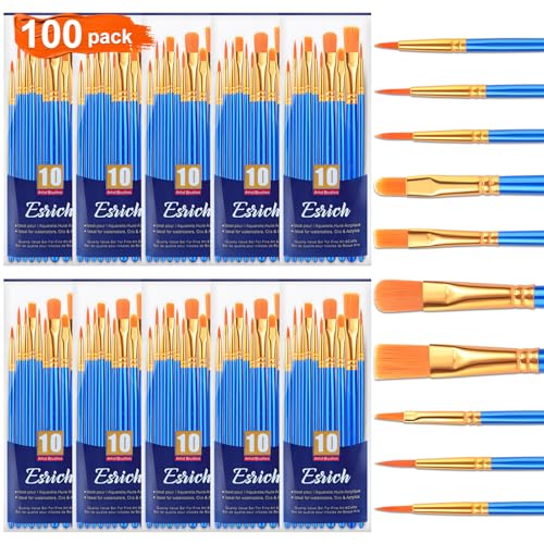 ESRICH Acrylic Paint Brushes Set, 10 Packs/ 100 Pcs Watercolor Brushes,Nylon Brush Head, for Oil Painting, Gouache, Face,Ceramics etc, Kid's and...