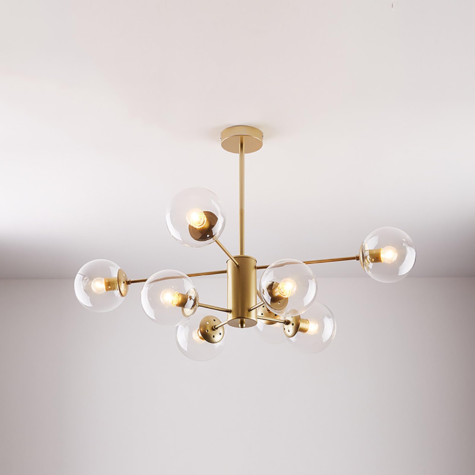 ksxnkhk Mid Century Modern Chandelier, Glass Linear Pendant Light Dimmable Light Fixture, Decorative Globe Ceiling Light for Dining Room, Bedroom, Kitchen, Easy Installation(8 Heads, Gold + Clear)