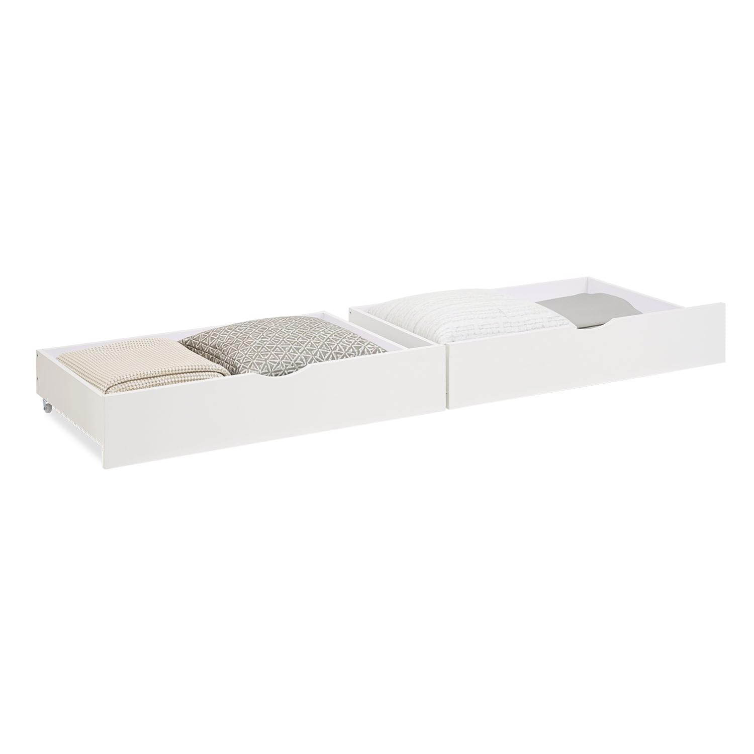 Homestyle4u 2er Set Bettkästen mit Rollen Weiß - Kiefer Bettschubladen | Stabiler Unterbettkasten aus Massivholz, 94x19x63,5 cm, für Etagenbetten, Stauraum für Bettwäsche & Spielzeug