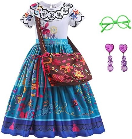 Yipkorra Encanto Mirabel Costume for Girls Cosplay Isabella Outfit Princess Halloween Dress Up With Earrings (130（5-6Years）, Mirabel B)