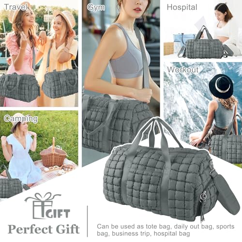 Image of Quilted Travel Duffle Bag Gym Bag for Women,Large Puffer Duffle Weekender Bag with Compartment,Workout Overnight Carry on Organizer Bag Duffle Bag for Airplane Travel(L-Grey)