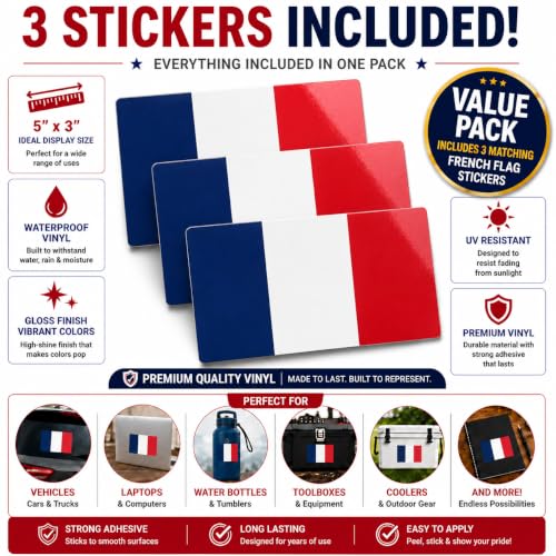 Image of France Vinyl Flag Stickers, Car Decals, Waterproof Indoor Outdoor, Laptop Stickers, Car Bumper, French Flag, 5 x 3 Inches, Set of 3