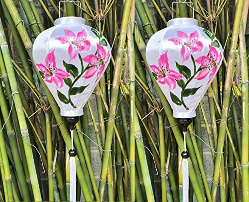 Vietnamese Silk Lanterns Personalization Hand-Painted Flower Lily Lanterns on Your Request, Personalized Lanterns for Outdoor Wedding Party Decorative Restaurant Decorations (Set 2 pcs)