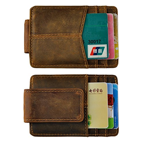 Le'aokuu Mens Rfid Money Clip Slim Wallet Genuine Leather Cowhide Credit Card Case Handy Magnet (A Dark Brown Rfid)2