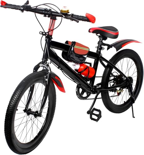 XYCHAO Bicicleta de montaña para niños de 20 pulgadas, 7 marchas, para niños y niñas a partir de 8 – 13 años, color rojo, con guardabarros, soporte para bebidas, timbre de acero al carbono, capacidad