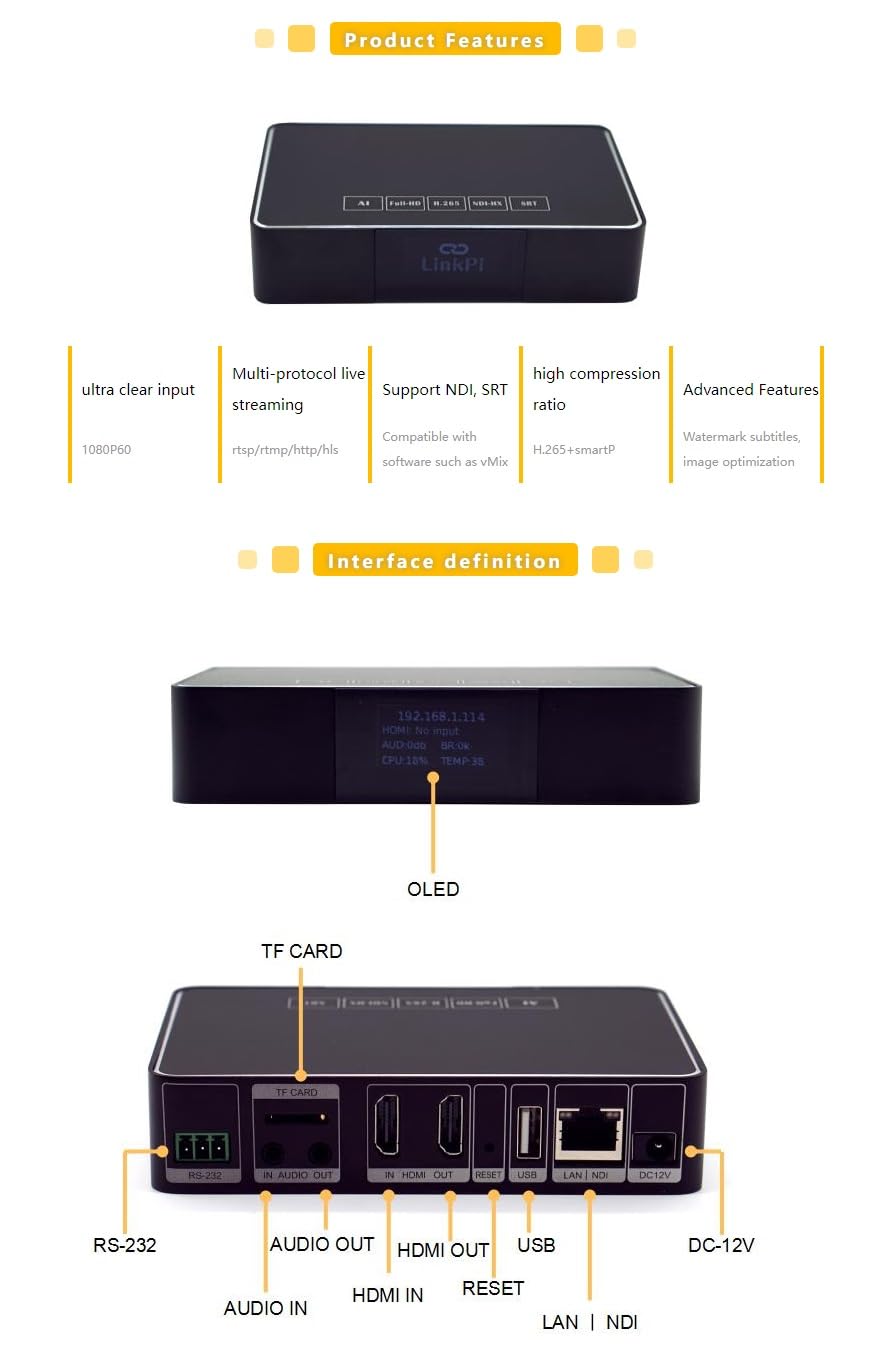 WayPonDEV LinkPi ENC1-V2 H.264 HDMI Video HD-Encoder 1080P bei 60 Hz Unterstützt SRT/RTSP/RTMP/HTTP/HLS RS232 für Live-Übertragungen