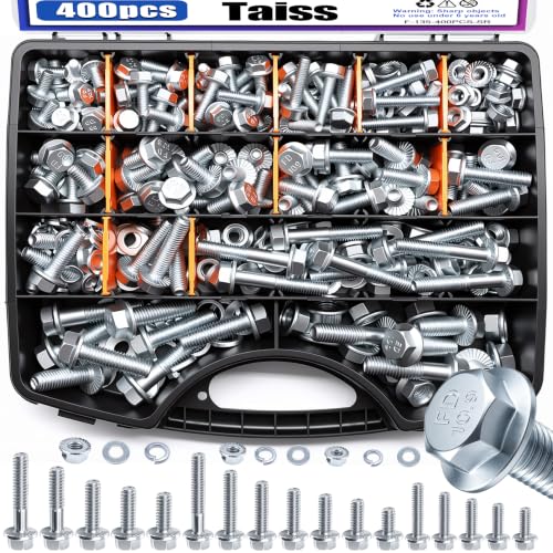 Image of Taiss 400PCS Metric Flange Bolt Assortment Kit,10.9 Grade M6x1.0 /M8x1.25 /M10x1.5 Bolts(12mm to 45mm) Assorted White Zinc Galvanized Hex Metric Nuts and Bolts Washers Set for Automotive
