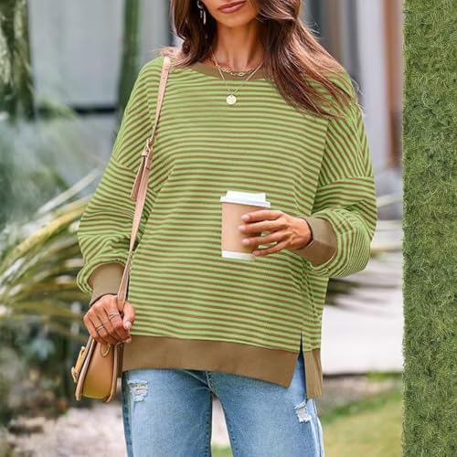Womens Striped Long Sleeve Shirt Crewneck Split Oversized Fall Sweatshirt - image 5