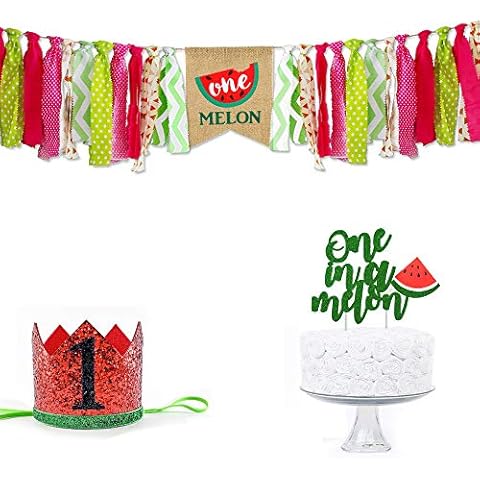 1st Birthday Decoration High Chair One Banner, Handmade Watermelon First Birthday Party Supplies Burlap Highchair Banner and One Cake Topper One Hat,1st Birthday Banner For Baby Shower Cover