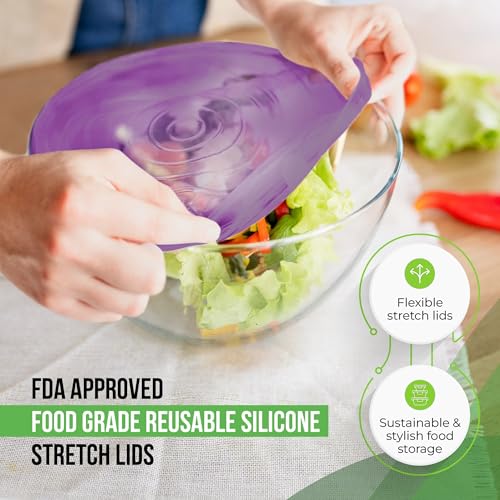 Image of Reusable Silicone Stretch Lids for Food Storage in Fridge - Elastic Heat-Resistant Bowl Covers, Cups, Cans, Jars - Universal Food Grade Lid for Containers - 7 Pack - Purple Stretchy Lid Set