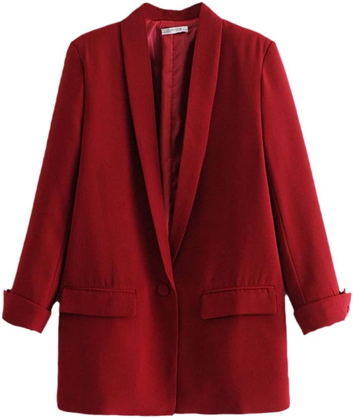 Women Solid Color Long Blazer Pleated Sleeve Loose Coat Office Lady Work Style Small Button Jacket