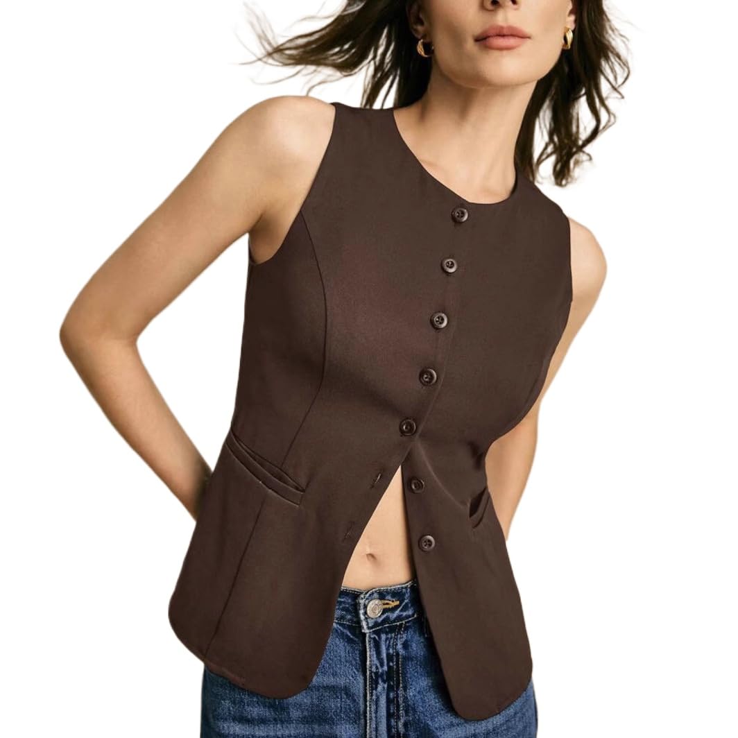 Summer Womens business casual simple fashion button plain color vest casual top round neck vest
