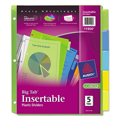 Avery Big Tab Insertable Plastic Dividers, 5-Tab Set, Multicolor, Multi Pack of 8 Sets (11900)