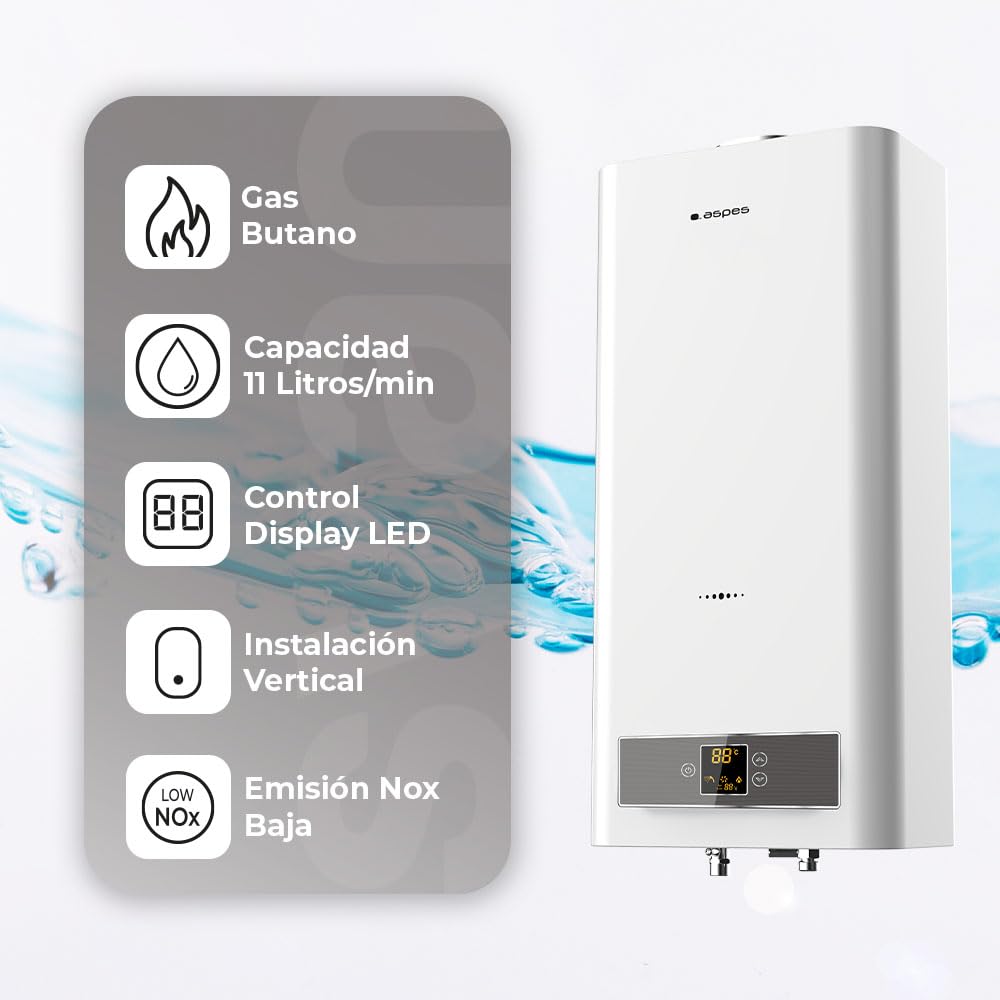 Aspes Calentador de Gas 11 Litros ACE1110B. Instalación Vertical, 45W, Incluye Kit de Montaje, Termostato Mecánico, Termómetro Digital, Blanco, Eficiencia Energética Clase A