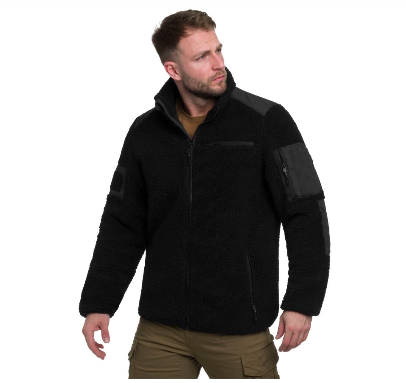 Military Wear Tactical Teddyfleece | Herren Outdoor Fleecejacke mit 5 Taschen, Survival Bushcraft Ausrüstung, Taktische Fleece mit Klettverschluss