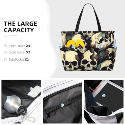 Skull Skeleton Print Beach Tote Bag Waterproof Large Bags With Zipper Big Capacity For Vacation Travel3