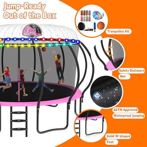 DeepRoar Tranpoline 8/10/12/14/15/16FT Pumpkin Tranpoline for Kids, Heavy Duty Outdoor Tranpolines with Basketball Hoop, Safety Enclosure Net, Light, Sprinkler, Socks, ASTM Approved