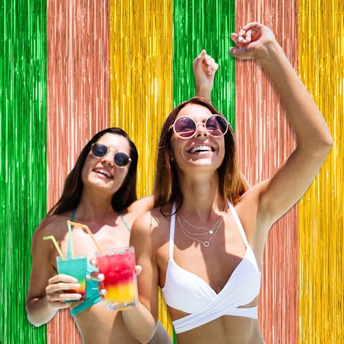 Image of ZATAYE 2 Pack Green Brown Yellow Hawaiian Luau Foil Curtain Decorations | Green Brown Yellow, Metallic Foil, 3.28 x 7.05 FT, Tinsel Backdrop, Foil Curtain Streamer, Luau Party
