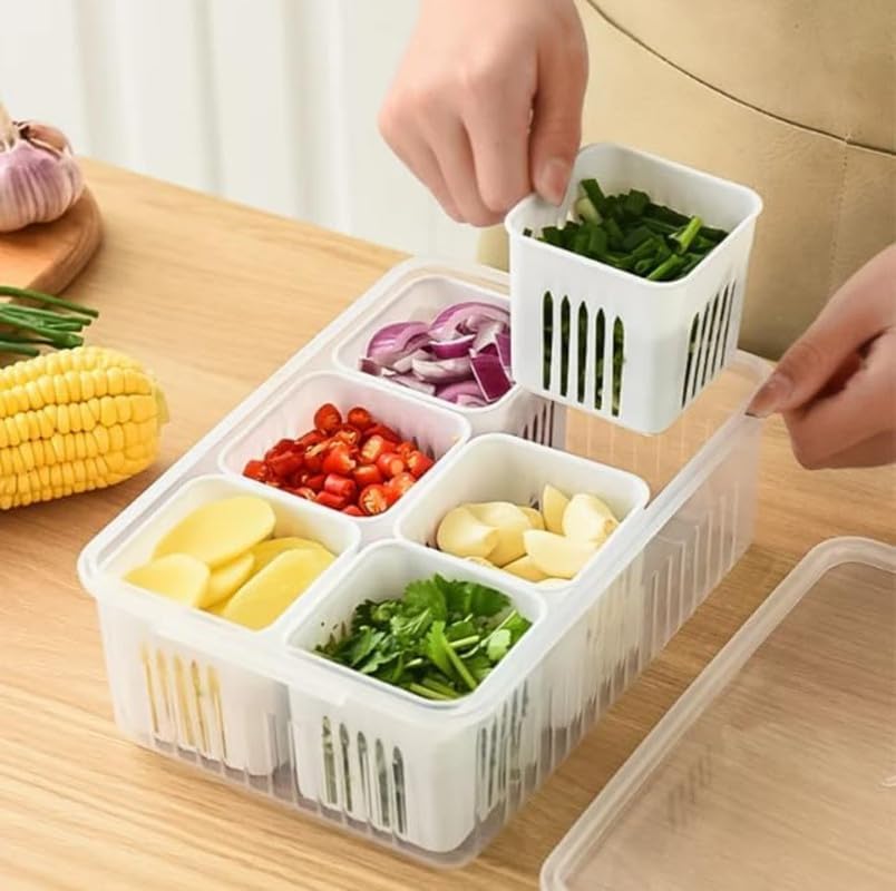 KMADHU Freezer Storage Containers - Kitchen Organizer Set - Vegetable Storage Box with Draining Crisper - Refrigerator Food Storage Solution - Versatile Box (1Pcs)