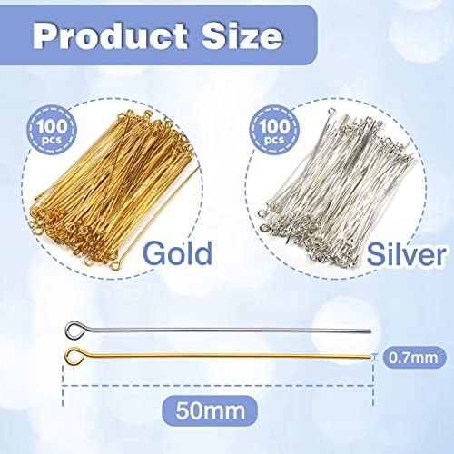 TOAOB 200pcs Open Eye Pins Brass Gold Tone and Silver Tone Eyepins 50mm for Beading DIY Crafts Jewelry Making - Image 2