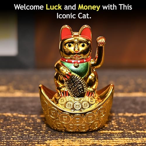 Image of ZAICUS Golden Waving Cat Figurine on Money Ingots | Feng Shui Symbol for Good Luck, Wealth, Prosperity, and Health | Decorative Cat Statue for Home & Office