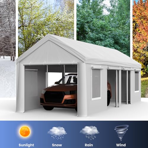 13x25ft Carport, Heavy Duty Carport with Reinforced Steel Poles, Upgraded Portable Garage with Doors & Window, UV Resistant All-Season Waterproof Tarp, for Car, Truck, Boat(White)