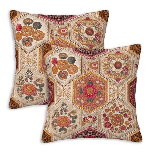 VronTaliy Floral Medallion Throw Pillow Covers 18x18 Set of 2 | Persian Style Boho Decorative Cushion Covers | Vintage Pillowcases for Couch Sofa Bed Living Room Bedroom