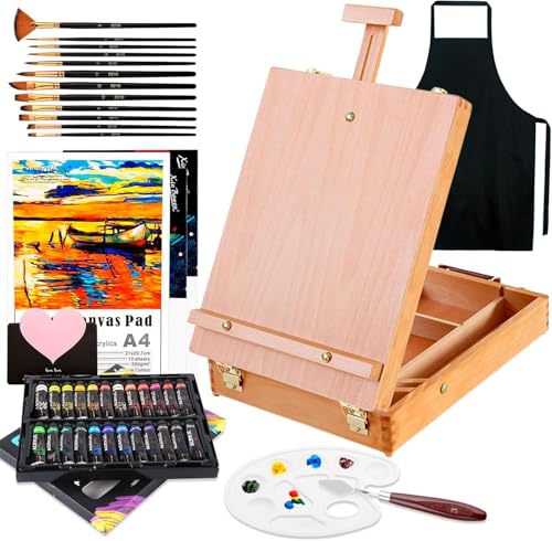 Chevalet Peinture Acrylique 44 Pièces,Coffret Peinture,Fournitures Artistiques,24 Peinture,12 Pinceaux,3 Panneaux de toile,1 Palette,1 Tablier,Spatul,Kit de Peintures...