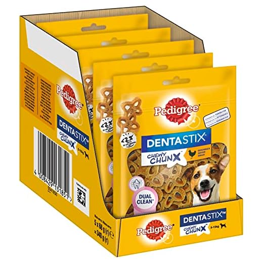 Pedigree Dentastix Chewy Chunx - Bocadillos dentales para Perros pequeños de 5 a 15 kg, con Pollo, 5 Paquetes (5 x 68 g)