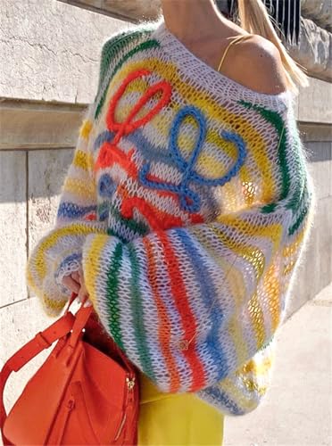 Womens Sexy Long Sleeve O Neck Knitted Stripe Printed Pulover Tops Sweater3