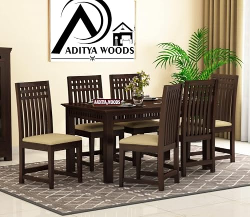 Image of AADITYA WOODS Solid Sheesham Wood 6 Seater Dining Table Set with Chairs for Living Room Home Wooden Dining Table Set for Office Restaurant Modern Dining Room Set-57x35x30 inch(ad-Walnut6s)