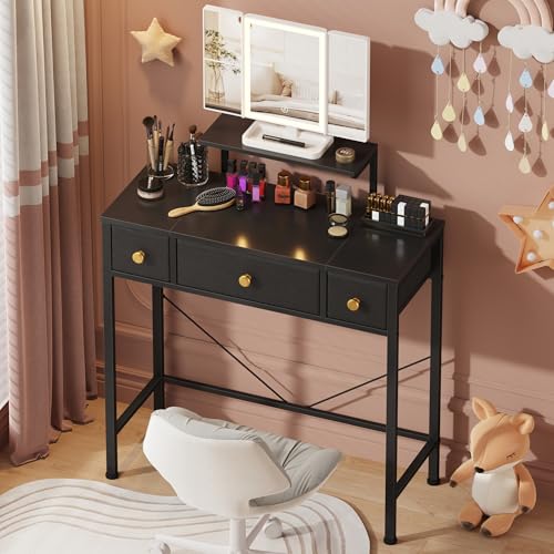 Image of HIGDBFE Small Makeup Vanity Desk 27.5''W with Mirror and Lights, 3 Drawers | USB Lighted Mirror, Height-Adjustable Stand, Fabric Drawers, Girls /Kids Gifts, Bedroom, Small Space, Dorm, Black