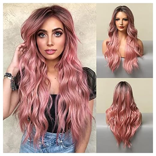 Lace Front Peruk för kvinnor Ombre Svart till Rosa lockigt hår Peruker BLONDE UNICORN Mellanparti lång Vågig peruk