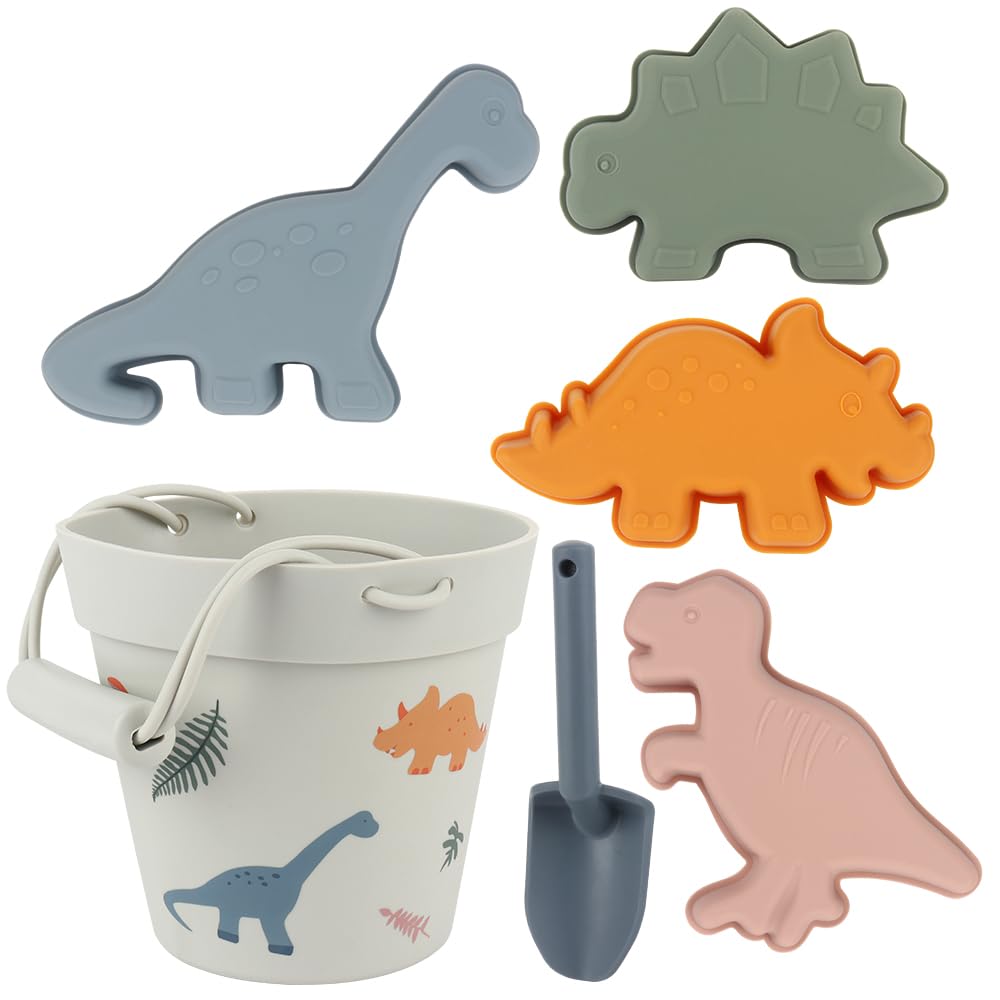 Mineup 6 Piezas Juguetes de Arena de Silicona Suave, Juego de Juguetes de Arena de Silicona con Cubo de Arena, Pala, Molde de Dinosaure, Juego de Juguetes de Playa para Niños Pequeños y Niñas