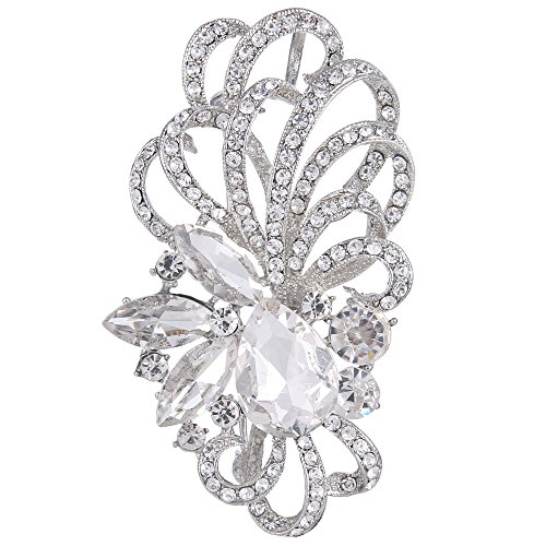 EVER FAITH Silver-Tone Austrian Crystal Bridal Flower Ribbon Teardrop Brooch Pendant Clear