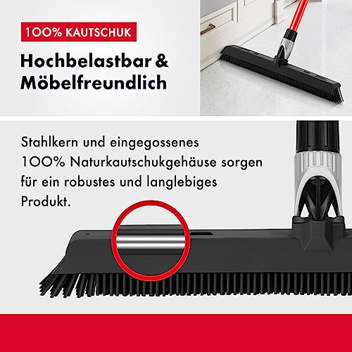 Tyroler Gummibesen & Bodenabzieher | Kehrbesen-Kopf aus 100% Naturkautschuk 41 cm | Besen mit Stiel und 140 cm Anti-Rost-Griff | Gummi-besen mit Abzieher | Gummibesen mit Stiel | Gummibesens Tierhaare