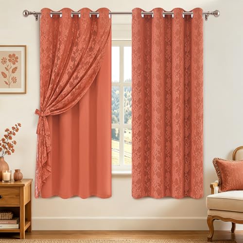 Image of Yinhua Terracotta Curtains for Living Room Double Layer Curtain with Sheer Overlay Farmhouse Blackout Curtains for Bedroom 63 Inch Length, Grommet Drapes with Tiebacks, 2 Panels