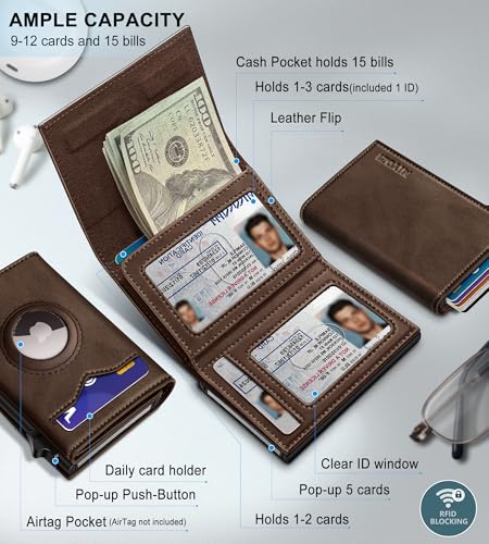 Image of miyozi Airtag Wallet for Men,with Cash Pocket 2 ID Window 9-12 Cards,Metal Case Smart Slim Pop Up Credit Card Holder Flip with Magnetic Closure RFID Blocking Trifold wallet with Gift Box