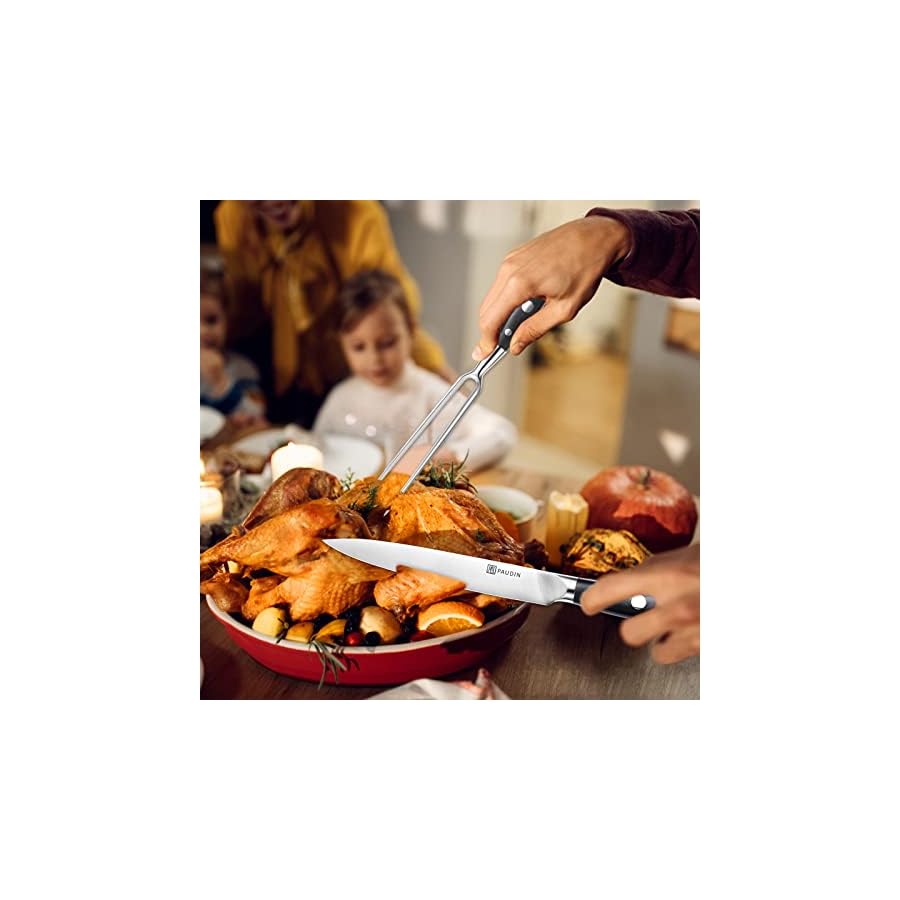 PAUDIN Carving Knife Set 8" - German Steel Turkey Carving Knife and Fork Set, BBQ Knife Set With Ergonomic Handle, Full Tang Carving Knife For Meat, Brisket