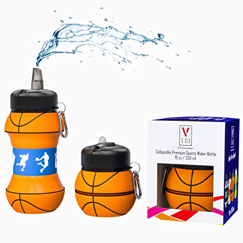 Kids Sports Water Bottle Collapsible Ball Shaped Drinking Cup Leak Proof School Lunch Mug Shockproof Squeezable Basketball Soccer Baseball Football Champion Team Gift Idea Travel Jug