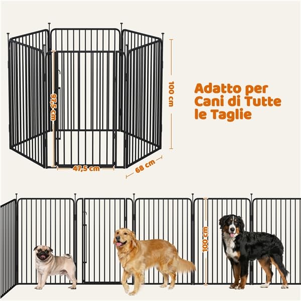 Yaheetech Recinto per Cani 6 Pannelli 100 cm da Interno da Esterno, Cancelletto Box per Cani Gatti, Cancello Barriera Pieghevole in Metallo per Casa Giardino