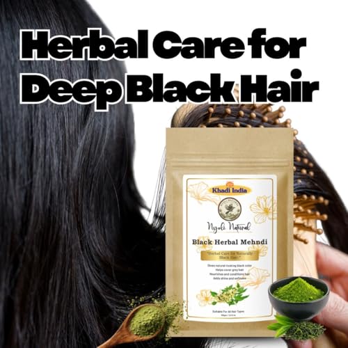 Image of Khadi Nyoli Natural Pure Black Herbal Mehendi Powder for Hair 100gm | Enriched with Amla,Shikakai,Bhringraj & Fenugreek powder| 100% Natural Ayurvedic Henna for Grey Hair Coverage | Chemical-Free & Ammonia-Free Hair Color | Long-Lasting Natural Black Hair Dye for Men & Women