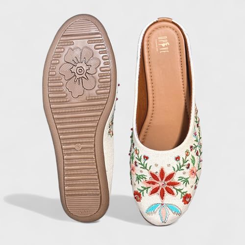 Image of OPIVE's Mehandi Women's Mojari Jutti Ethnic Punjabi Juttis Traditional Flat Embroidered Canvas Fancy Bellies Comfortable Sole for Womens & Girls