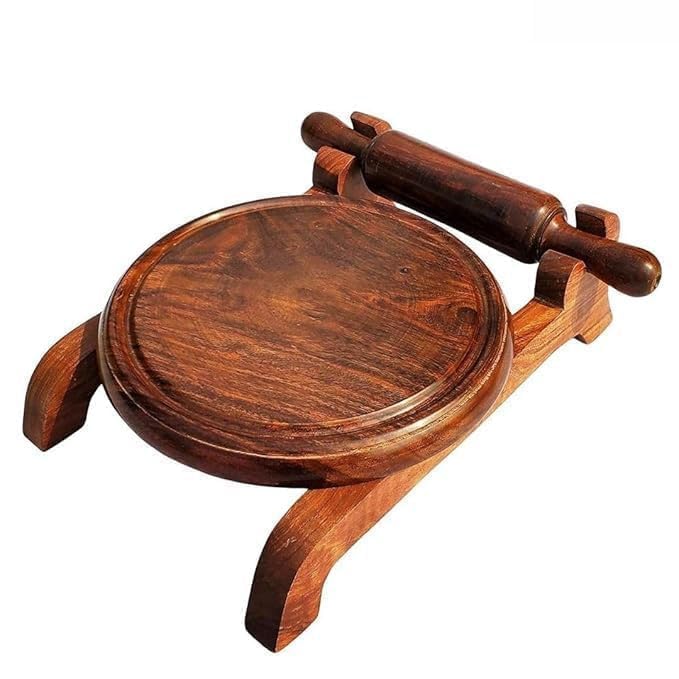 Zyvontra Handicrafts Premium Wooden Chakla Belan Set with Stand | Durable, Handcrafted Rolling Board and Pin for Perfect Rotis & Chapatis | Traditional Kitchen Tool Set for Easy Cooking
