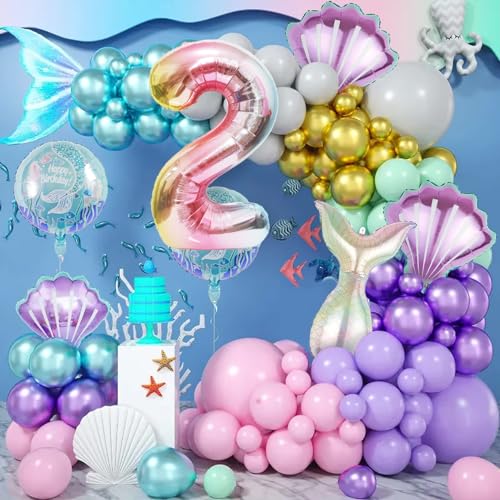 Image of Mermaid Birthday Decorations Mermaid Balloons - Number 2 Balloons for Girls Under The Sea Mermaid Theme Baby Shower Birthday Favors