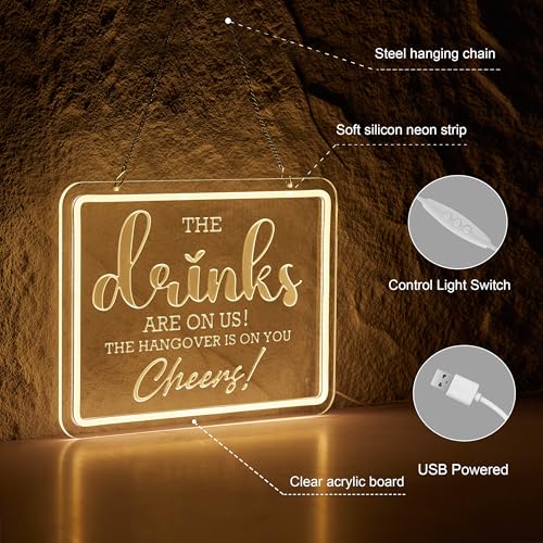 Image of Bar Neon Sign The Drinks Are On Us LED Signs The HanGover is On You Cheers Neon Light Gifts for Wedding Party Bars Pubs Neon Signs Decorations