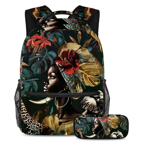 Sac à dos femme motif éléphant style africain rétro grand modèle scolaire avec trousse