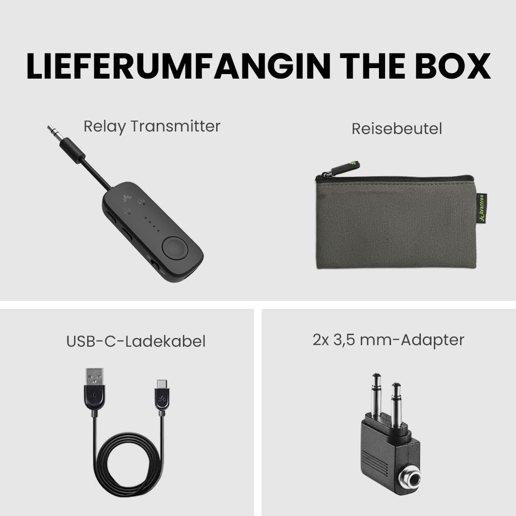 Avantree Relay – Bluetooth 5.3 Adapter für Flugzeug mit Qualcomm aptX Adaptive, für 2 AirPods oder Kopfhörer, 20 Std. Wiedergabezeit, 3,5mm AUX Klinke Transmitter Sender für Reisen, Fitnessstudio
