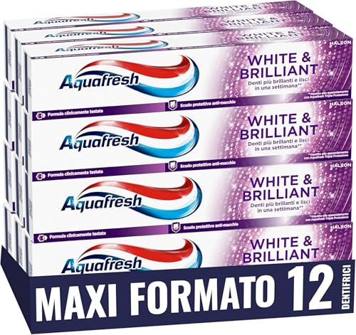 Aquafresh Dentifricio White & Brilliant, denti visibilmente più bianchi in 7 giorni, Smalto Forte, Gengive Sane, Alito Fresco, Scudo Anti-Macchie, pacco da 12 x 75ml
