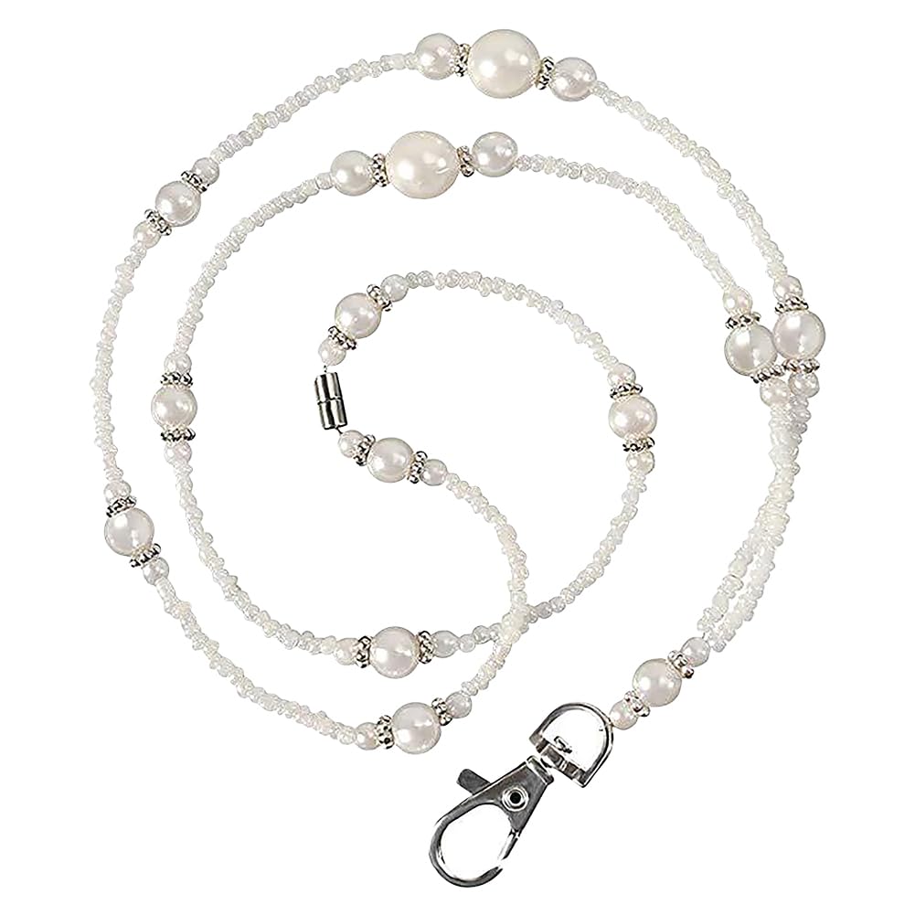 JIHUOO Artificial Pearl ID Holder Lanyard Beaded Name Badge Neck Lanyard Jewelry Necklace Teacher ID Badge Lanyard Key Card Holder Necklace Fashion Key Lanyard for Women